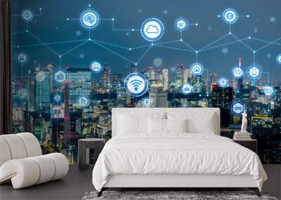 Smart city concept. IoT(Internet of Things). ICT(Information Communication Technology). Wall mural