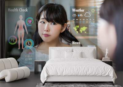 Smart mirror concept. Various information displayed on mirror screen. Wall mural