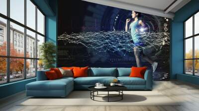 sports technology concept. running woman and various technological abstract graphics. sport science. Wall mural