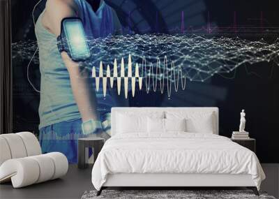 sports technology concept. stretching woman and various technological abstract graphics. sport science. Wall mural