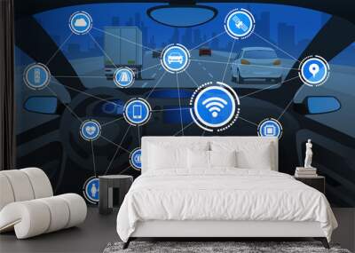 vehicle cockpit front view and wireless communication network, autonomous car, intelligent vehicle, connected automobile Wall mural