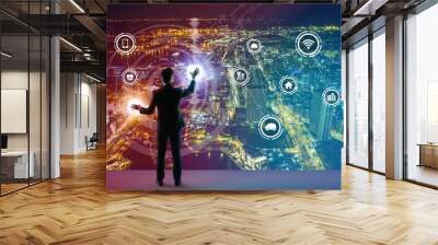 young business person and graphical user interface concept, Internet of Things, Information Communication Technology, Smart City, digital transformation, abstract image visual Wall mural