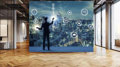 young business person and graphical user interface concept. Artificial Intelligence.  Internet of Things. Information Communication Technology. Smart City. digital transformation. Wall mural