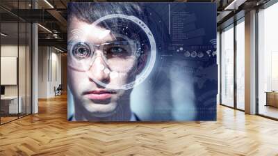 young man wearing smart glasses, heads up display, wearable computing, wearable devices, smart contact lens, internet of things, information communication technology, abstract image visual Wall mural