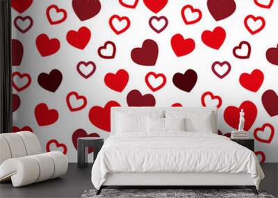 Simple hearts seamless vector pattern. Valentines day background. Flat design endless chaotic texture made of tiny heart silhouettes. Shades of red. Wall mural