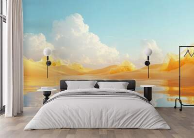 3D render of an abstract desert landscape featuring sunny skies white clouds yellow sand dunes and a reflective water surface with geometric glass shapes Minimalist aesthetic wallpaper Wall mural