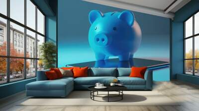 3D rendering of a blue piggy bank alongside a smartphone symbolizing a business concept Wall mural