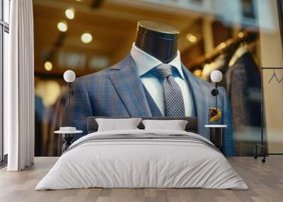 A mannequin in a store window showcases a fitted blue suit and tie highlighting the elegance and style of men s fashion Wall mural