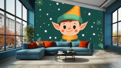 Adorable and humorous holiday elf character Flat design element for festive greeting card Wall mural