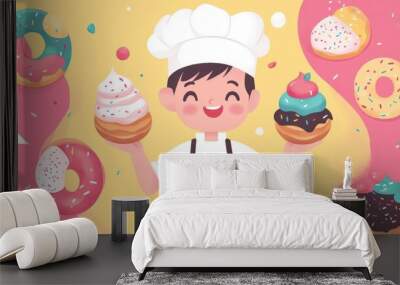 Adorable cartoon ice cream chef with donuts illustrated in a flat style Wall mural