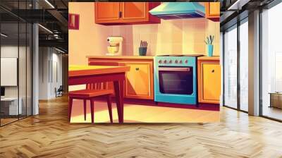 Cartoon illustration of a kitchen interior featuring furniture including a wooden dining table cabinets fridge oven hob and extractor hood Home cooking appliances included Wall mural