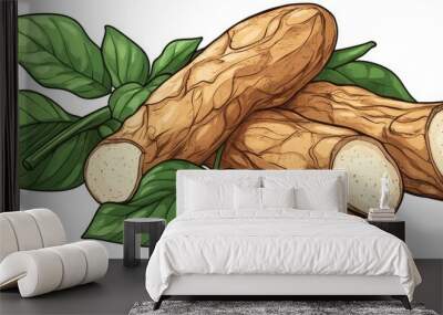 Cartoon illustration of Chinese yam also known as Dioscorea polystachya against a white background Wall mural