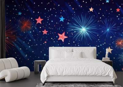 Celebratory fireworks illuminating the night sky in a flat design for a festive independence day Stars and stripes motif featured prominently Wall mural