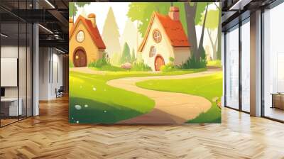 Charming gnome village featuring delightful small homes Enchanting cartoon scenery with a pathway and meadow set against a forest backdrop Ideal for children s illustrations in flat design Wall mural