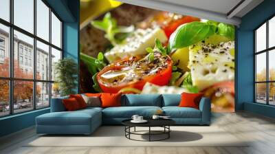 Close up Image of Classic Salad with Tomato Cheese Herbs and Olive Oil Wall mural