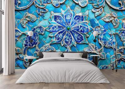 Close up of vibrant blue ceramic mosaics showcasing intricate designs Wall mural