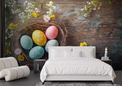 Colorful painted eggs nestled in a twig nest showcasing a close up view on a wooden table adorned with scattered spring flowers creating a festive backdrop for Easter Wall mural