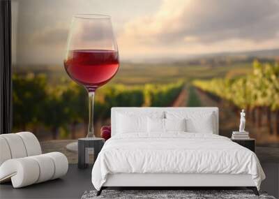 Elegant glass of red wine alongside a cluster of grapes on a table set against a picturesque vineyard scene Wall mural