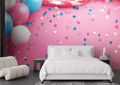 Festive Independence Day decoration background featuring a banner template flyer balloons ribbons and confetti with ample copy space in a 3D rendering style Wall mural