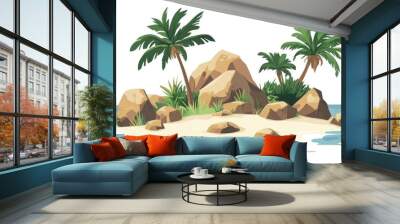 Flat style illustration of a desert island featuring rocks and palm trees on a white background Cartoon depiction of an island in the ocean Wall mural