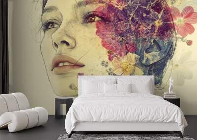 Hand drawn illustration of a woman s face featuring photographic flowers layered on top Wall mural