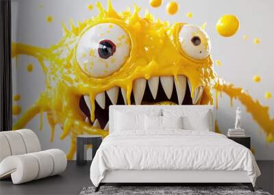 Haunted 3D object featuring yellow bacteria paint splashes dripping liquid a whimsical mascot with sharp teeth and a menacing slug all set against a clean white background Wall mural