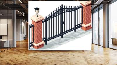 Isolated illustration of an iron fence featuring brick columns and a flat style gate with a wicket Depicts metal gates and wrought iron lattice fences for outdoor spaces in isometric projection Wall mural