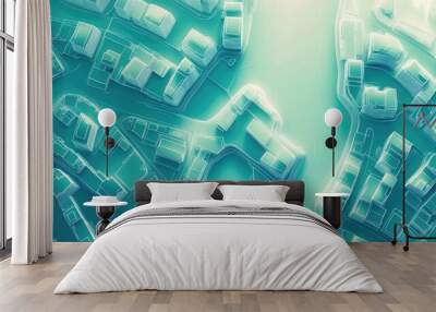 Map featuring street layouts created with white lines over a gradient backdrop of greenish blue Aerial perspective 3D render illustration Wall mural