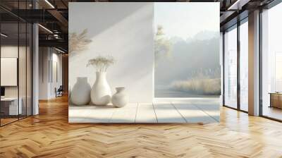 Minimalist white room interior featuring vases on a wooden floor and decor on a large wall with a serene landscape visible through the window Nordic design style 3D illustration Wall mural