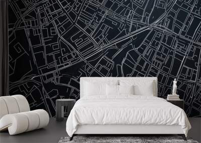 Stylized map featuring street layouts created with white lines on a black background Top down view in 3D rendering illustration style Wall mural