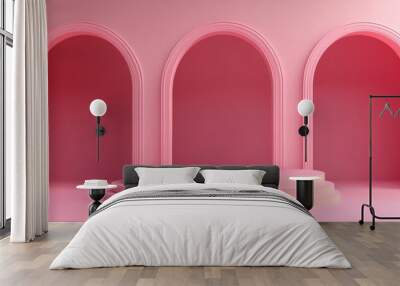 Surreal 3D illustration featuring a pink flat landscape background with three arches designed for showcasing or advertising a presentation podium mockup Wall mural