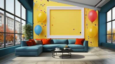 Vibrant yellow backdrop featuring a white frame playful balloons and confetti perfect for festive birthday celebration decor Wall mural