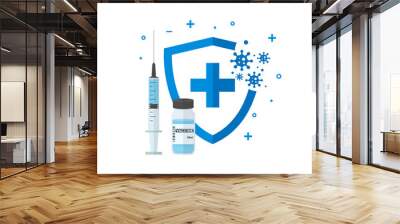 Syringe, vaccine vial and shield. Virus protection, vaccination concept. Vector illustration. Wall mural