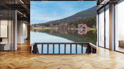 Bolu Golcuk Tabiat Parki. Bolu National Park. Landmarks or touristic places of Turkey. Wooden green house by the lake.  Wall mural