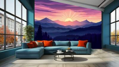 Nature illustration flat design. Beautiful sunset view with forest and mountain in the nature illustration background Wall mural