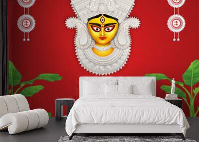 Durga puja festival banner design in red background with goddess durga face illustration with bengali typography maa asche, agomoni calligraphy and durga puja frame, border, Arch Wall mural