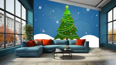 Merry Christmas and Happy new year card: A gorgeous Christmas tree in the winter season  Wall mural