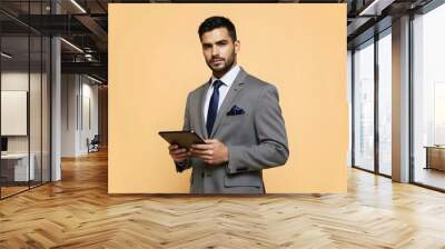 Composite photo collage of confident financial analytic man with tablet count potential profits and loses isolated on beige color background Wall mural