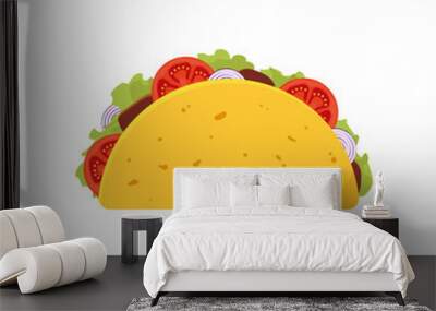 Taco with meat, vegetable and tortilla. Traditional mexican fast-food. Vector illustration Wall mural