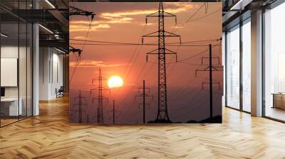 electrical wires and metal poles against the backdrop of sunset Wall mural