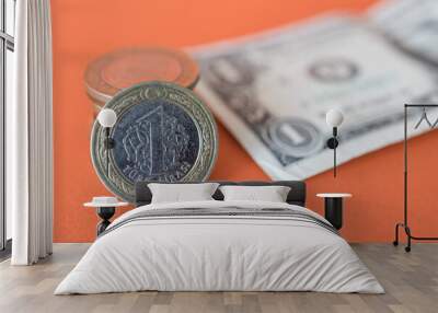 usa and turkey money, lira and dollars on is on the orange surface Wall mural