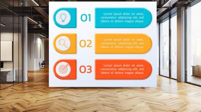 3 number list template. Three step business layout with text banners, numbers and icons. Modern info graphic design. Presentation, chart, brochure concept with 3d elements. Vector illustration. Wall mural