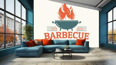 Barbeque logo or icon. BBQ label. Grill bar, restaurant, steak house vintage badge design with fire flame, grill fork and spatula. Vector illustration. Wall mural