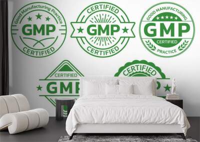 GMP certified icon or label set. Good Manufacturing Practice logo, stamp or seal. High quality symbol. Vector illustration. Wall mural