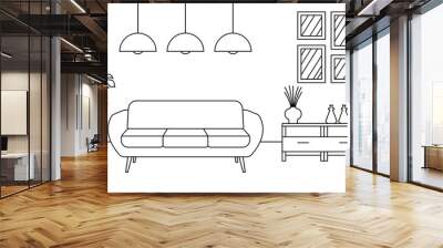 Living room interior line sketch. Outline design of home or house inside with sofa and modern furniture. Vector illustration. Wall mural