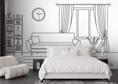 Living room interior outline sketch. Line style interior design with window and furniture: sofa, bookshelf, flowerpot, carpet. Vector illustration. Wall mural