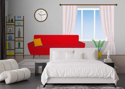 living room interior. vector background with sofa, shelf, pictures and window with curtains. home or Wall mural