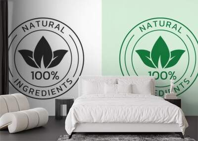 Natural ingredients icon, label or logo. Organic food, pure product seal or sticker with leaf. 100 percent natural badge or symbol. Vector illustration. Wall mural