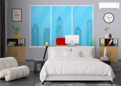 Office interior in flat style. Modern business workspace with office furniture: chair, desk, computer, bookcase, clock on the wall and window. Vector illustration. Wall mural