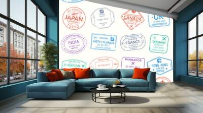 Passport stamp set. Visa stamps for travel. International airport grunge sign. Immigration, arrival and departure symbols with different cities and countries. Vector illustration. Wall mural